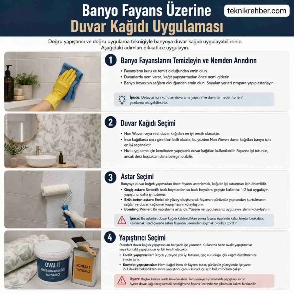 Banyoya Duvar Kağıdı Olur Mu? Banyo Mutfak İçin Su Geçirmez Kağıtlar 4 Banyo fayans üzerine duvar kağıdı uyuglaması.