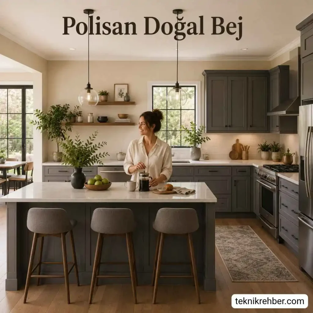 Polisan dogal bej ile boyanmış mutfak.