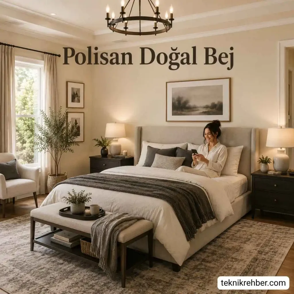 Polisan dogal bej ile boyanmış yatak odasi