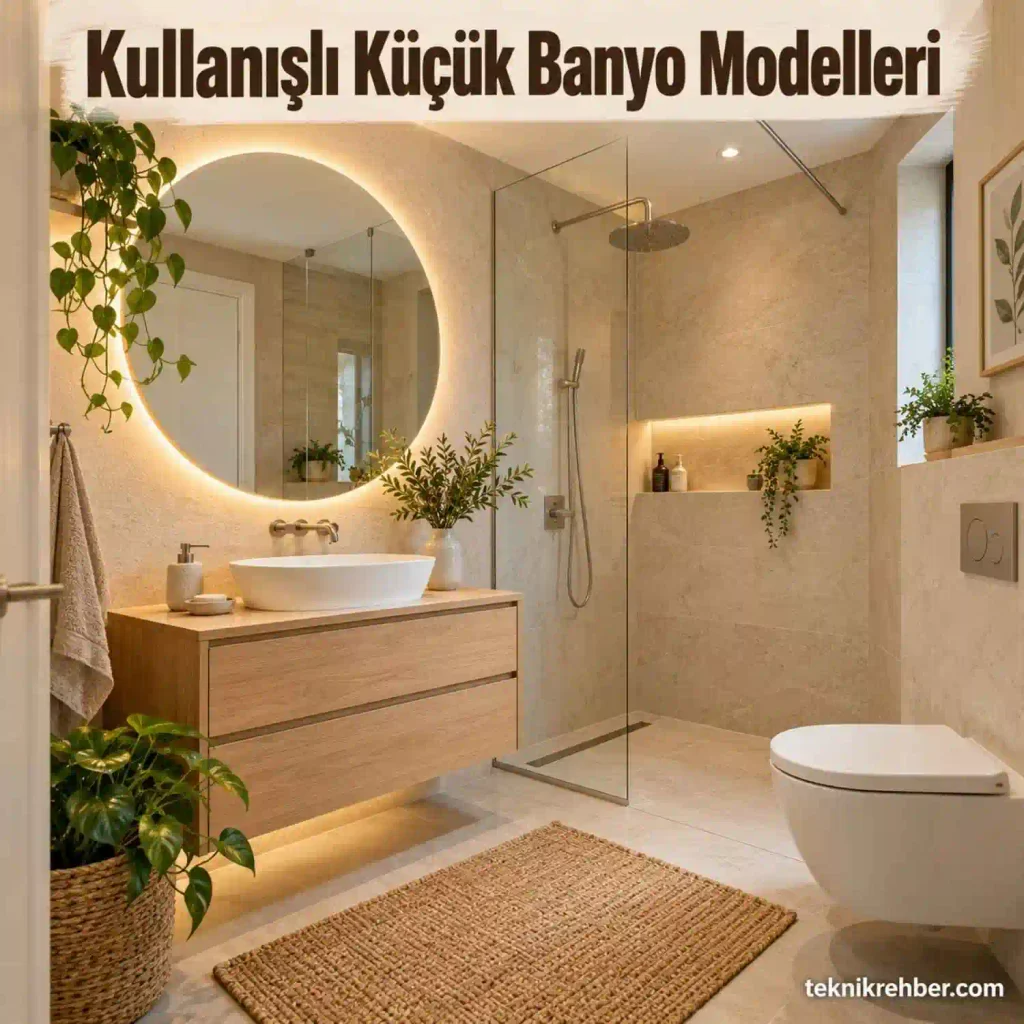 Kullanışlı Küçük Banyo Modelleri: Tasarım ve Dizayn Önerileri 2 Kullanışlı küçük banyo modelleri. Ahşap dolaplı ve LED aynalı modern banyo.