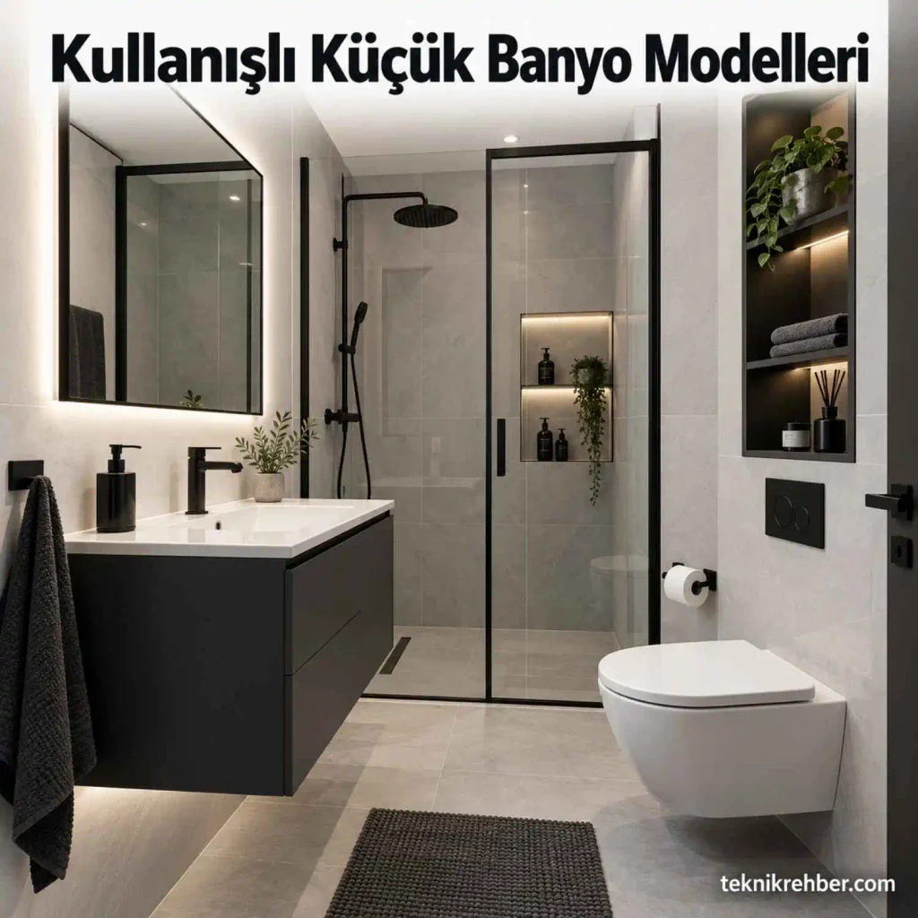 Kullanışlı Küçük Banyo Modelleri: Tasarım ve Dizayn Önerileri 3 Kullanışlı küçük banyo modelleri. Siyah armatürlü ve minimalist banyo tasarımı.