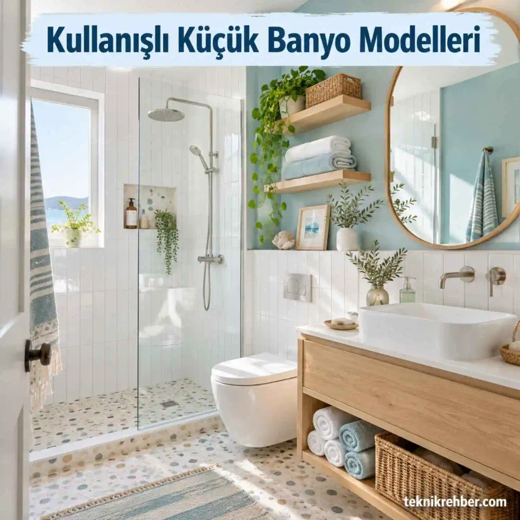 Kullanışlı Küçük Banyo Modelleri: Tasarım ve Dizayn Önerileri 4 Kullanışlı küçük banyo modelleri. Açık mavi tonlarda, ferah ve aydınlık banyo dekorasyonu.