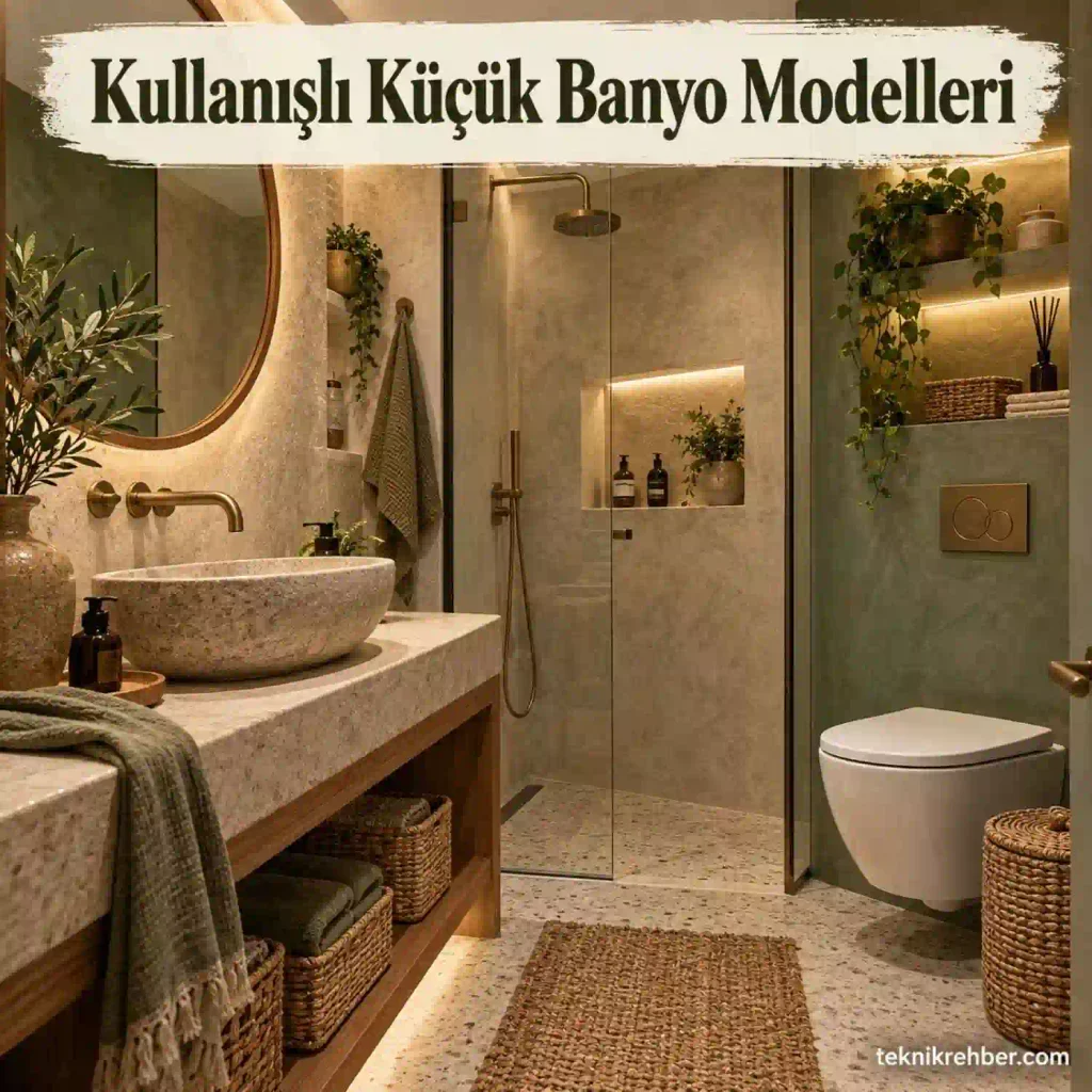 Kullanışlı Küçük Banyo Modelleri: Tasarım ve Dizayn Önerileri 5 Kullanışlı küçük banyo modelleri. Zeytin yeşili, ahşap ve taş dokulu banyo tasarımı.